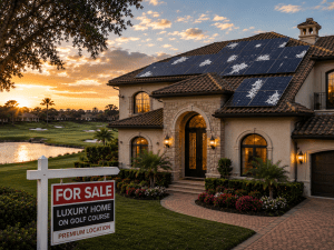 Golf course solar home with damaged solar panels