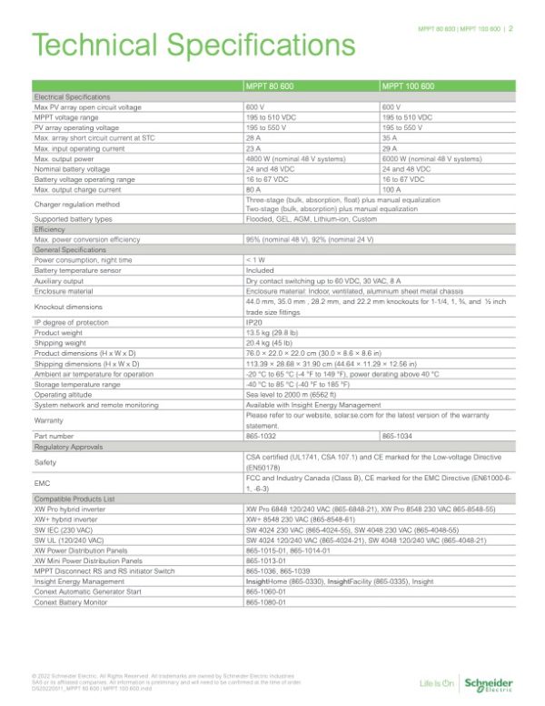 100A-6 00V Charge Controller Specs
