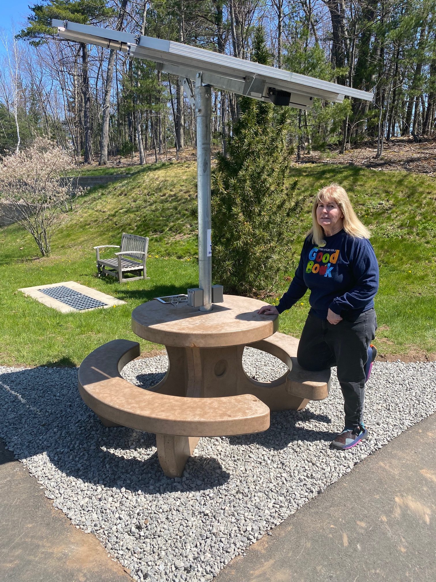 solar charging station at Burlington Library - concrete picnic table