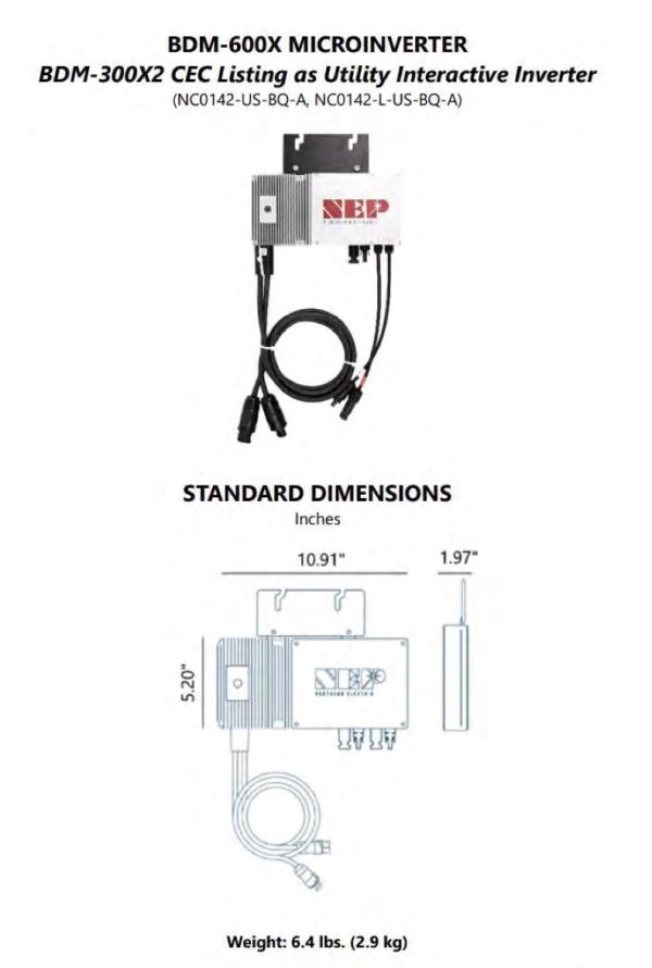 Mechanical dimensions of NEP 600LV inverter