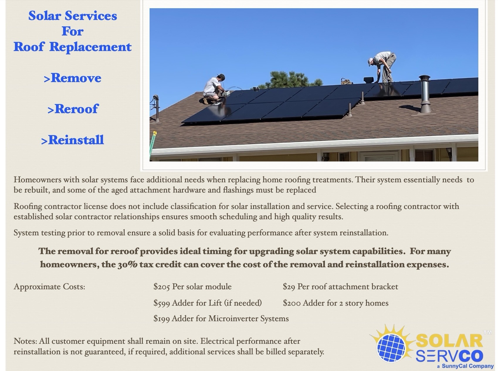 Solar Removal for Re-Roof Fee Structure