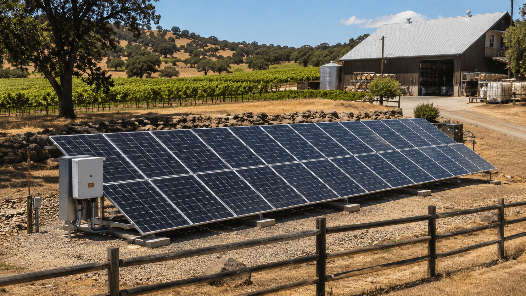 Gold Country Winery Solar Installation Solar array at a Gold Country winery property with vineyard rows and dry foothills