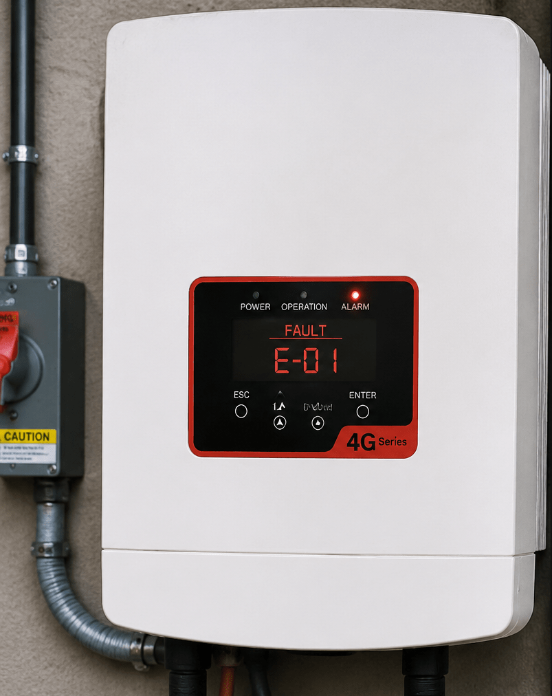 Solar inverter screen showing a fault warning for solar troubleshooting