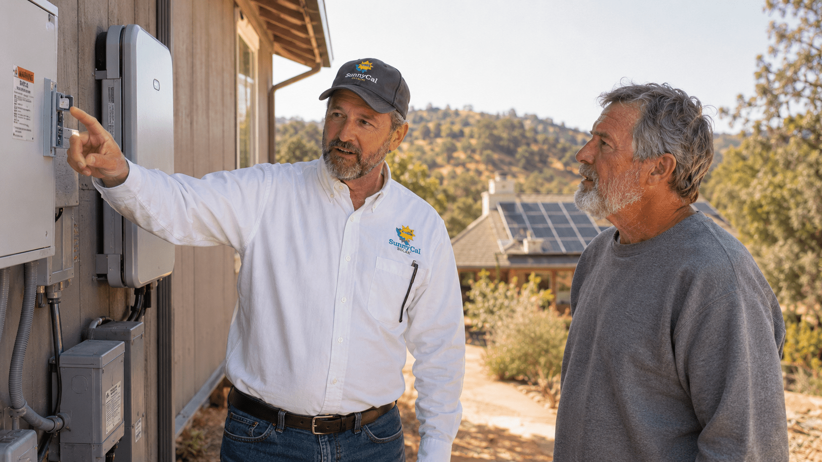 Rural Solar Support for Gold Country Property Rural solar equipment and ground-mounted panels on a Gold Country property