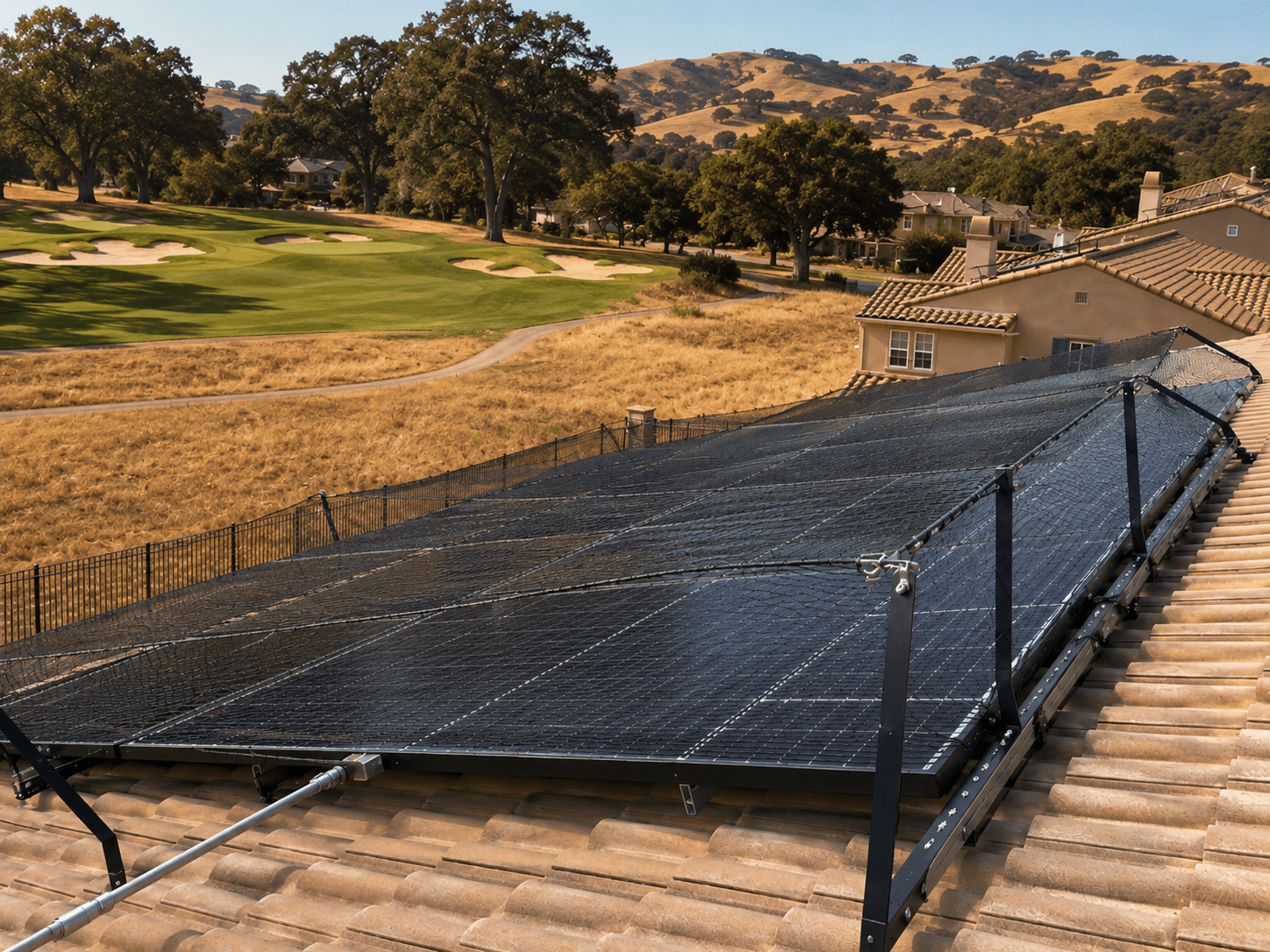 SolarNets Solar Panel Protection on Gold Country Home SolarNets protective mesh installed over rooftop solar panels near a golf course