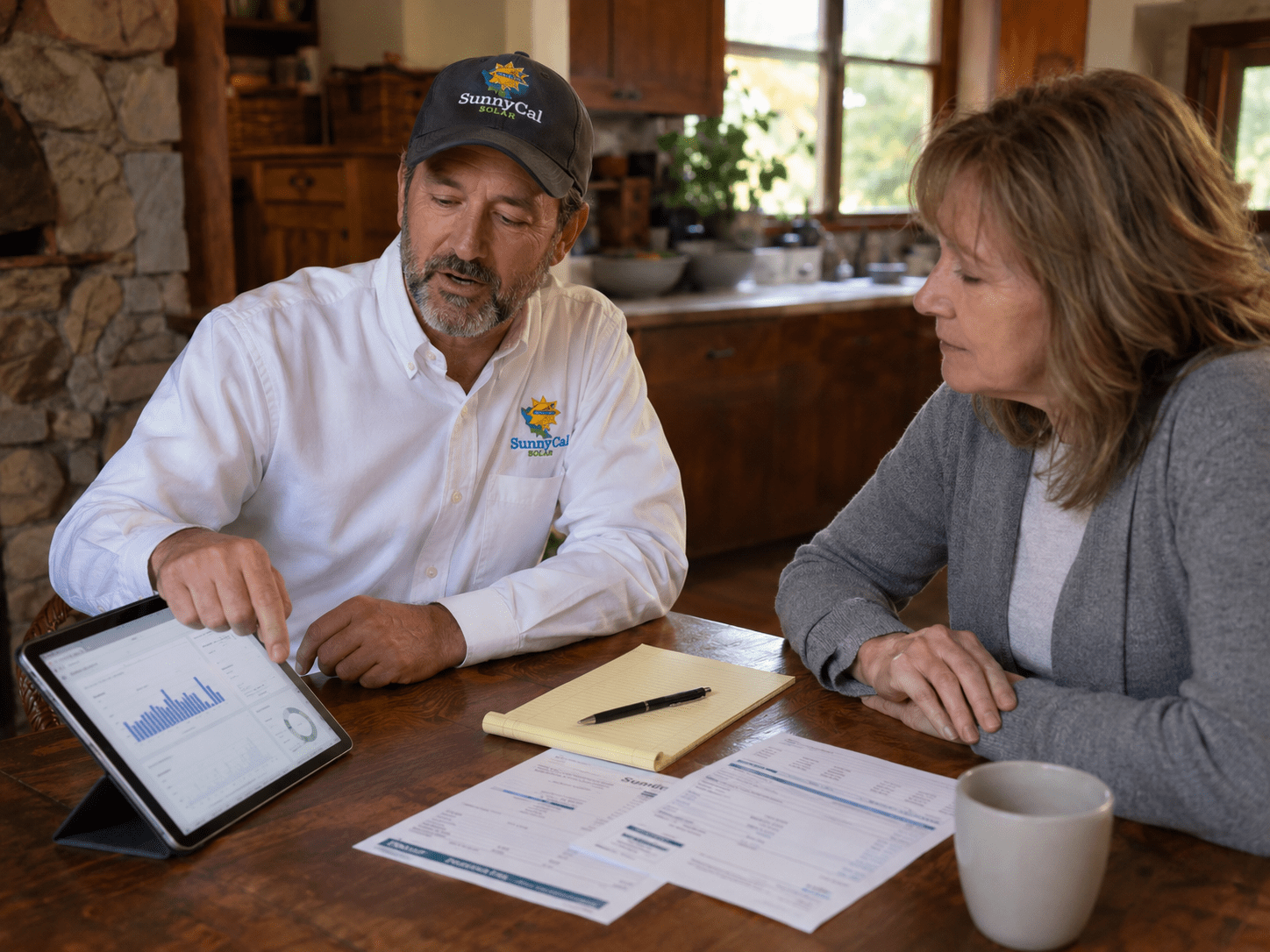 SunnyCal Solar technician explaining solar production and utility bill concerns to a homeowner during battery backup planning