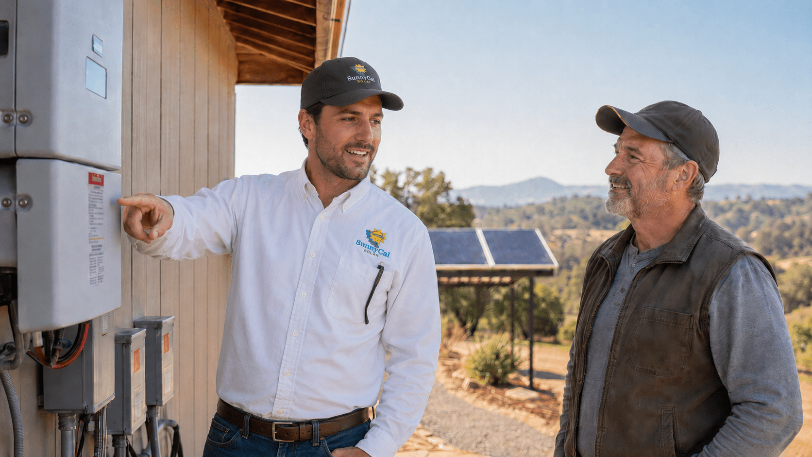 SunnyCal Solar technician checking inverter equipment at a Gold Country property