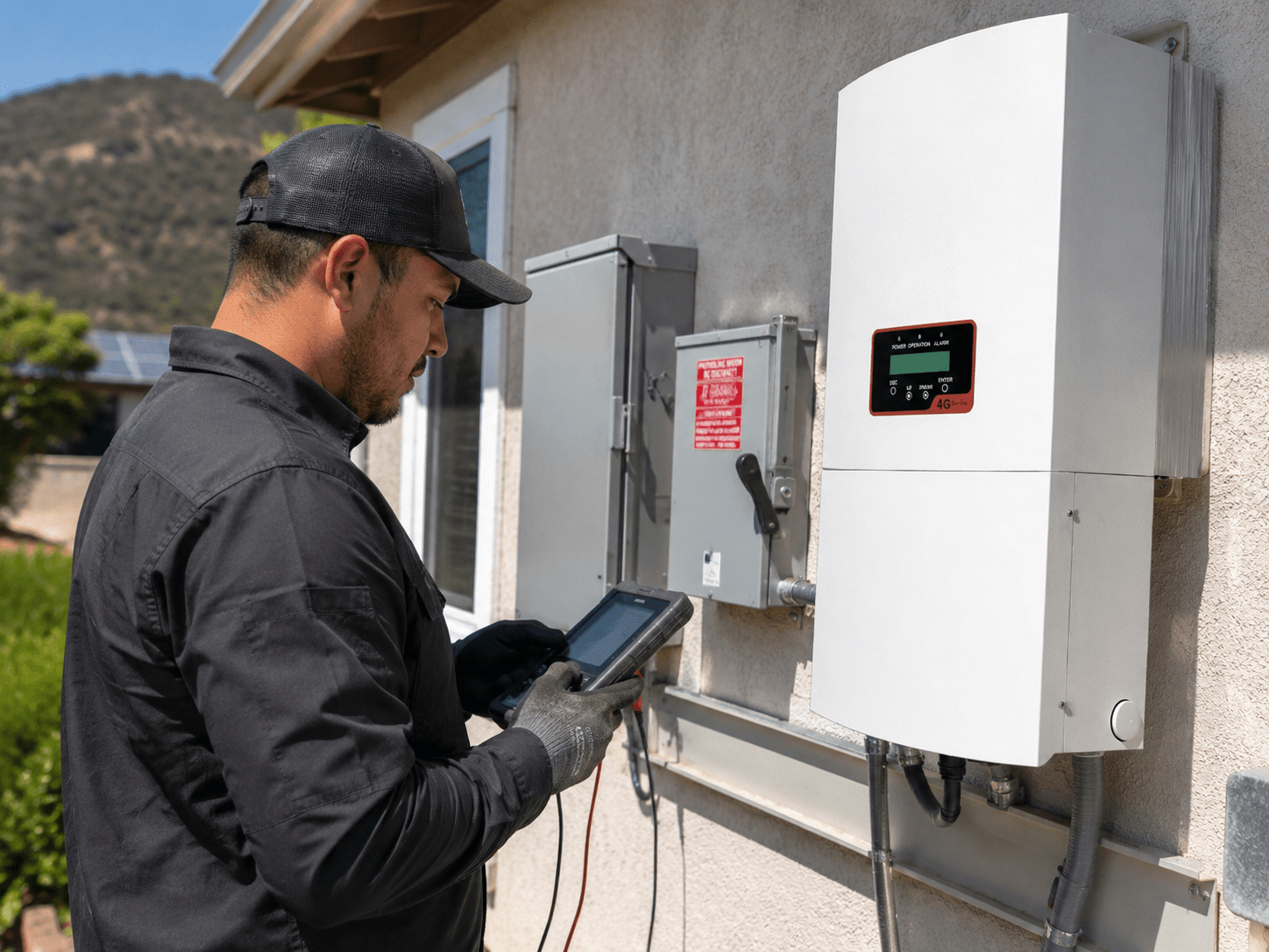 Technician Checking Solar Inverter and Electrical Equipment Solar technician checking inverter and electrical equipment during a service visit